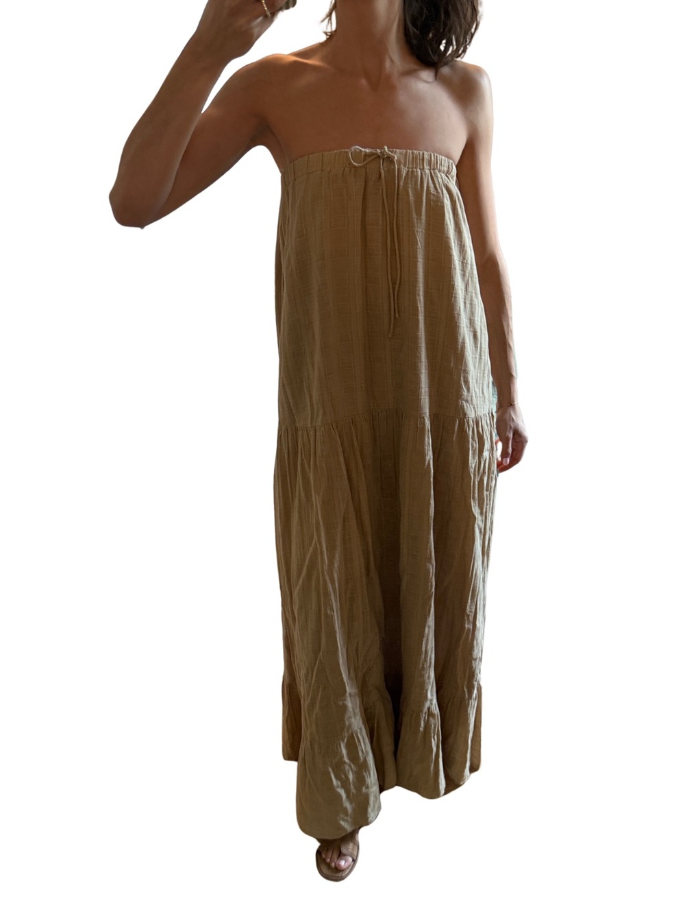Women’s Strapless Tiered Maxi Skirt Dress — Tan